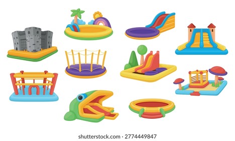 A set of children s inflatable playgrounds with slides, trampolines and a variety of fun structures for outdoor play on the playground.
