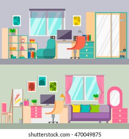 Set of children 's room interior design  with furniture, windows and different items. Vector illustration. Working place for schoolboy  and in pink colors for schoolgirl