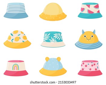 Set of children s summer hats. Bright hats of different colors for girls and boys.