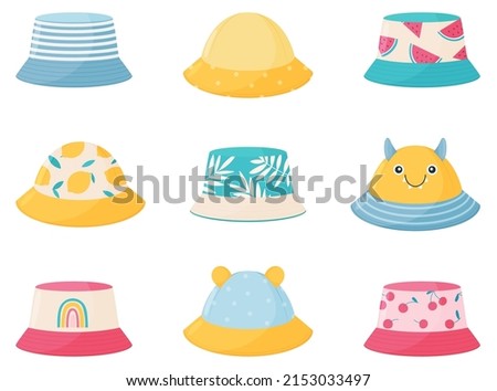 Set of children s summer hats. Bright hats of different colors for girls and boys.