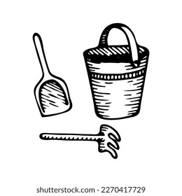 Set children sand toys doodle. Bucket scoop rake for beach summer games. Hand drawn vector sketch illustration.