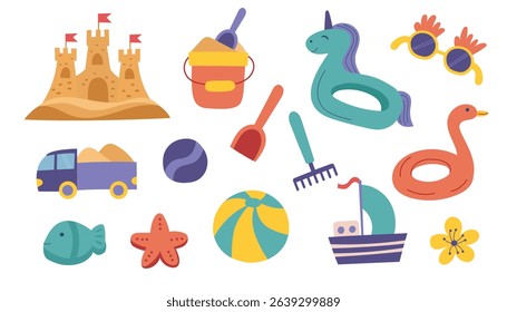 Set of children sandbox toys isolated on white background. Vector flat cliparts. Summer, travel, vacation, family, recreation concept.