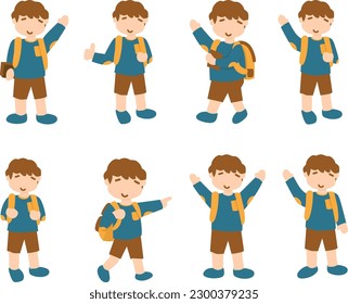 conjunto de niños. Conjunto de escolares con mochila. Ilustración vectorial en estilo plano.