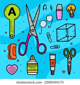 Set of children school elements isolated on blue background. Scissors, stapler, glue, paint, marker, light bulb, cube