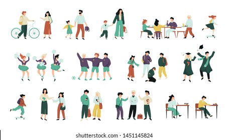 Set of children in the school. Kid with book and backpack. Idea of education and learning. Teacher and pupil. Isolated vector illustration in cartoon style