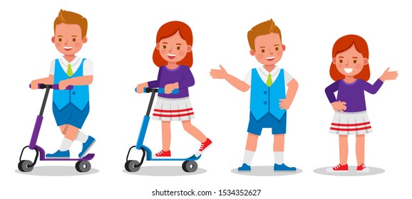 Set of children with scooters character vector design. Presentation in various action with emotions.