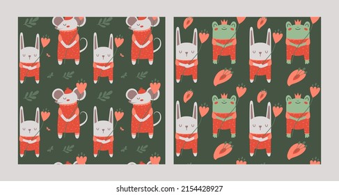 Set of children seamless patterns with illustrations of cute animals: white rabbit, little mouse, princess-toad with flowers, hat, crown, leaves on dark green background. Isolated vector clip arts.