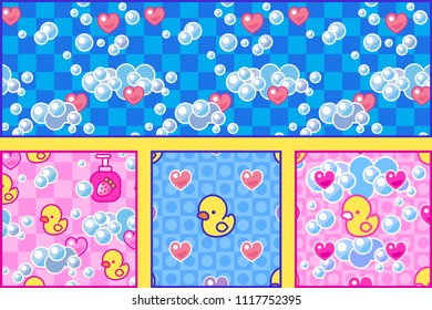Set of children seamless patterns. Yellow rubber ducks, soap foam and hearts. Bathing with foam from strawberry soap. Japanese style kawaii.