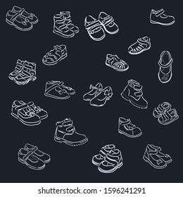 Set of children shoes, boots, vector sketch illustration 