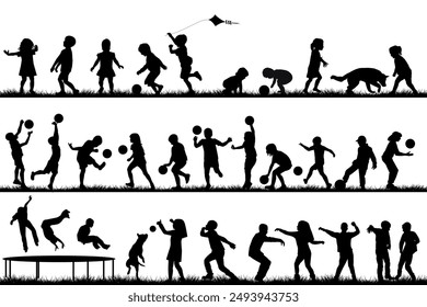 Set of children silhouette playing outdoor