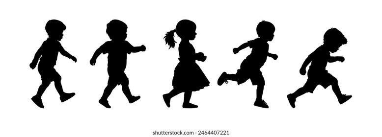 set of children silhouettes, baby silhouette, boy, girl	