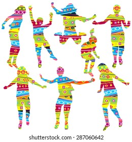 Set of children silhouettes in geometrical childish style pattern