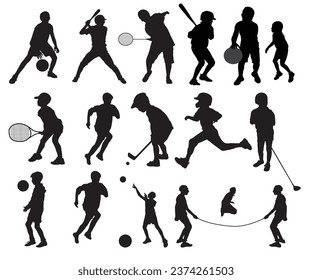 Set of children silhouettes playing outdoor. Kids Playing Vector Bundle.