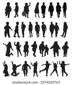  Set of children silhouettes playing outdoor. Kids Playing Vector Bundle.
