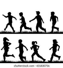 Set of children silhouettes running