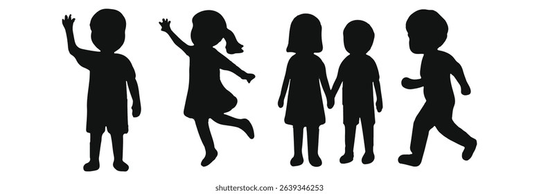 Set of Children Silhouettes in Various Poses and Activities