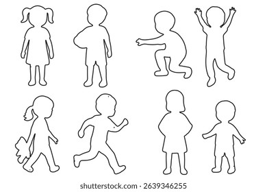 Set of Children Silhouettes in Various Poses and Activities