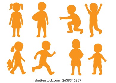 Set of Children Silhouettes in Various Poses and Activities