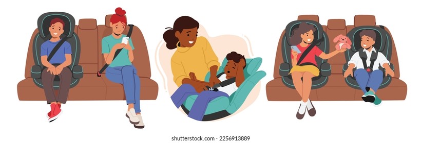 Set Children Sit in Car Seat. Happy Boy And Girl Characters Sitting In Vehicle Chair during Road Travel With Family, Mother Putting On Child Safe Seat Belt. Cartoon People Vector Illustration
