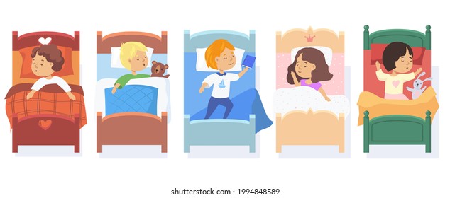 Set of children sleeping in beds. Cartoon vector illustration. Little boys and girls falling asleep, getting rest under blankets during bedtime at night. Nursery, kindergarten, childhood concept