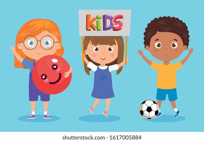 set of children smiling with his hands up vector illustration design