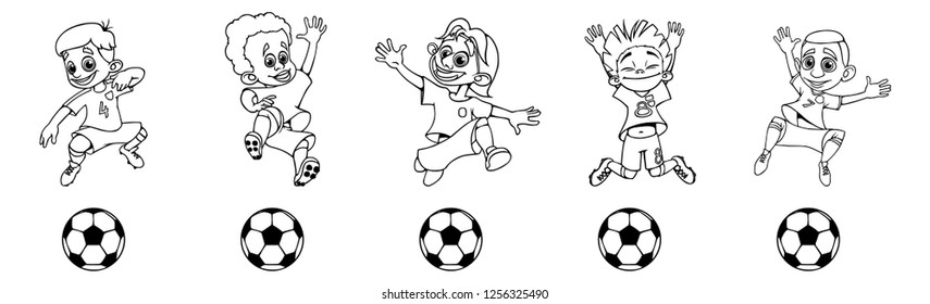 Set of children soccer players, a ball game