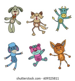 Set of children soft toys. Vector elements for design - cow, cat, bear, dog. Funny farm pets.
