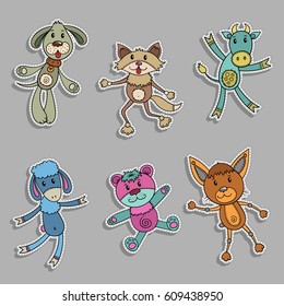 Set of children soft toys. Vector elements for design - cow, cat, bear, dog. Funny farm pets.
