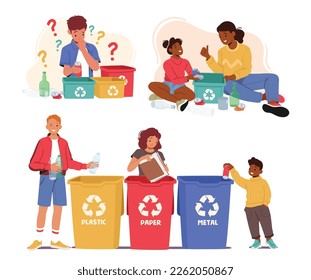 Set Children Sorting Waste. Girl and Boy Characters Sorting Through Garbage In A Responsible And Eco-friendly Manner. Rubbish Management And Sustainability Concept. Cartoon People Vector Illustration