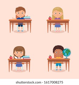 set of children student sitting in school desk, back to school vector illustration design