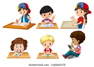 set of children studying
