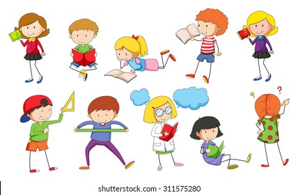 Set of children studying illustration