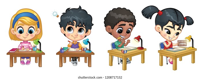 Set Of Children Studying On Table: Writing And Counting_Vector Illustration EPS 10
