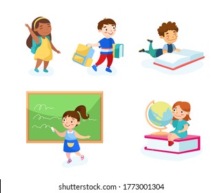 Set of Children with Studying Tools and Equipment. Schoolboys and Schoolgirls with Backpack, Globe, Waving Hand, Reading Book and Write on Blackboard Back to School. Cartoon People Vector Illustration