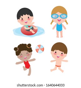 set of children in a Swimming Pool, children for summer season. kids playing on the beach and swimming in the pool, Vector Illustration on white background