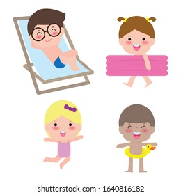 set of children in a Swimming Pool, children for summer season. kids playing on the beach and swimming in the pool, Vector Illustration on white background