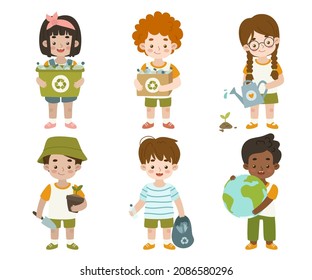 Set of children take care about planet earth. Ecology collection of volunteer smiling kids recycling and gardening.