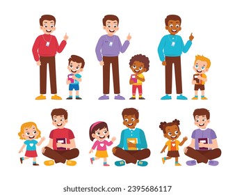 Set of Children and Teacher Collection. Teacher with student sitting, telling a story, talking  and hugging. Diversity Family Parenthood. vector illustration