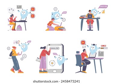 Conjunto de niños y adolescentes aprendiendo con el asistente de AI estilo plano, Ilustración vectorial aislada sobre fondo blanco. Colección de Elementos de diseño decorativos, lindos personajes de robot azul, educación de IA