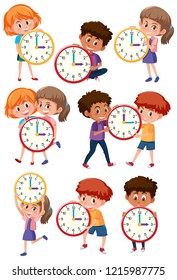 Children Holding Clock On White Background Stock Vector (Royalty Free ...