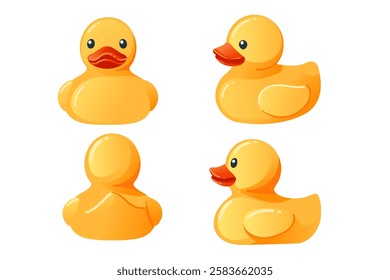 Set of children toys. Cute yellow rubber duck. Cartoon child toy for bath. Vector illustration isolated on white background