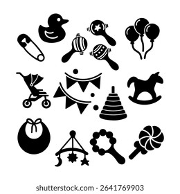 Set of children toys silhouettes. Black and white Vector Illustration