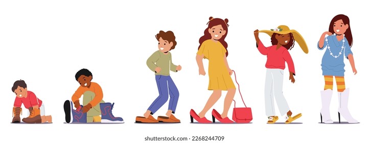 Set of Children Trying On Their Parent's Shoes, Little Girls and Boys Standing On Tiptoes And Exploring Their Curiosity. Innocence, Kids Game Of Childhood Concept. Cartoon People Vector Illustration