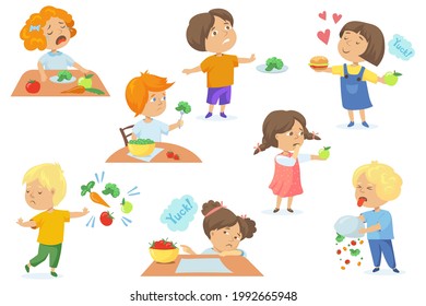 Un grupo de niños descontentos con la comida. Ilustración vectorial de dibujos animados. Niños hambrientos y agitados llorando y rechazando verduras sanas, soñando con una hamburguesa. Comida complicada, comida saludable, concepto de náuseas para el diseño