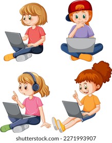 Conjunto de niños con ilustración de laptop
