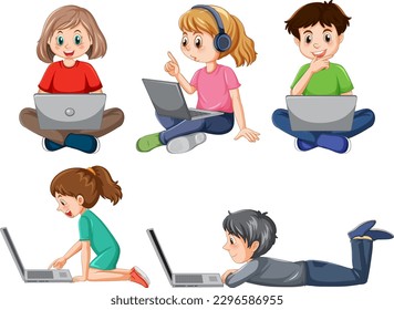 Set of children using laptop illustration