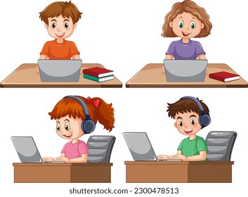 Conjunto de niños con ilustración de laptop