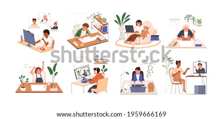 Set of children using PC and laptops. Kids playing computer games, coding, studying and chatting with friends online. Colored flat vector illustration of boys and girls isolated on white background