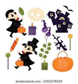 Set children in vampire costumes and Halloween attributes plant leaves, candy, pumpkin, castle, lollipop, basket, skull, candles in cartoon style on a white background.