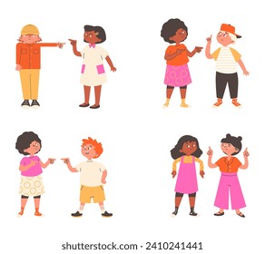 Conjunto de niños con diversas emociones faciales apuntando con el dedo. Los niños que juegan, se comunican entre sí, prestan atención con gestos manuales. Colección de ilustraciones vectoriales planas aisladas.